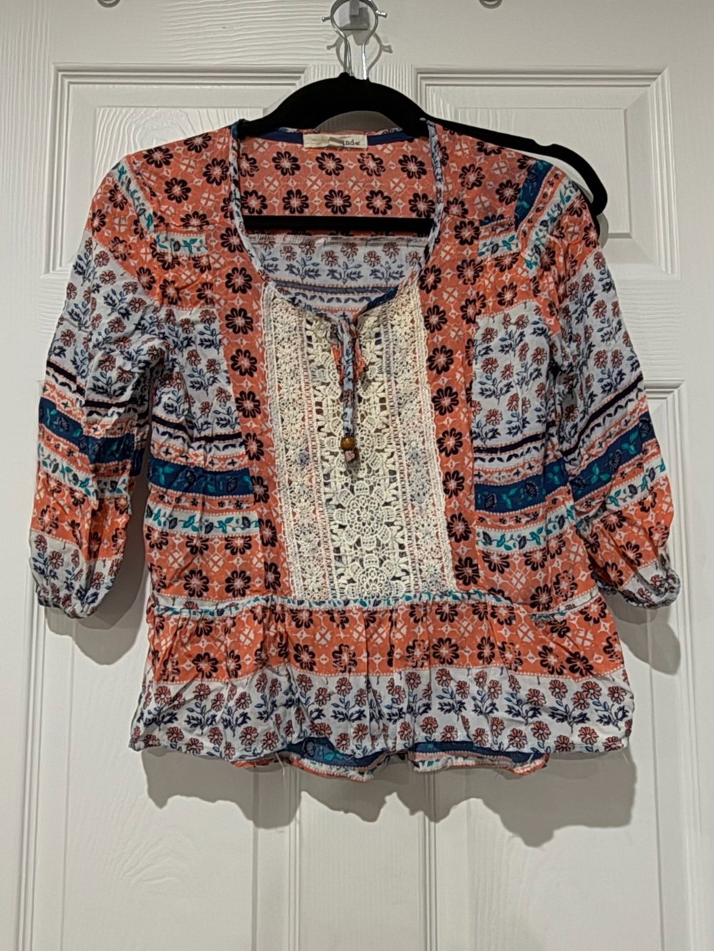 Rewind Coral and Teal Boho Lace-Front Tunic